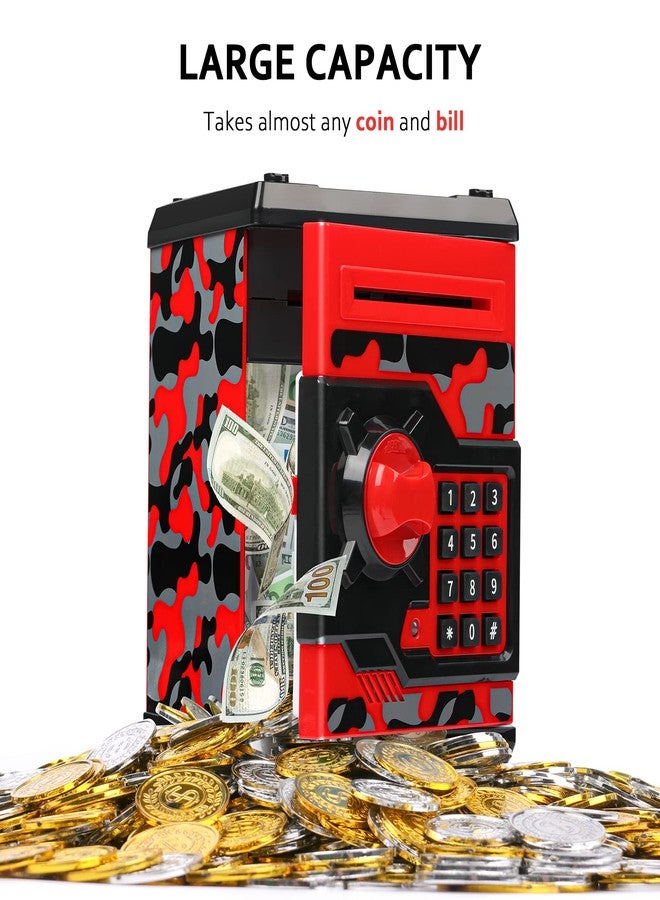 Vcertcpl ATM Piggy Bank for Boys Girls, Vcertcpl Mini ATM Coin Bank Money Saving Box with Password, Kids Safe Money Jar for Adults with Auto Grab Bill Slot, Great Gift Toy Bank for Kids(Camouflage Red) - Image 4